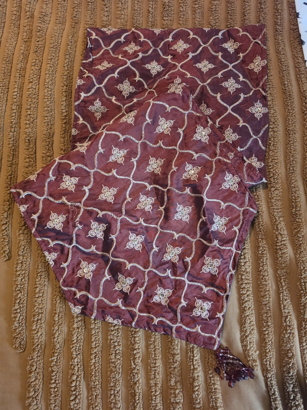 Burgundy And Gold Colored Embroidered Beaded Table Runner
